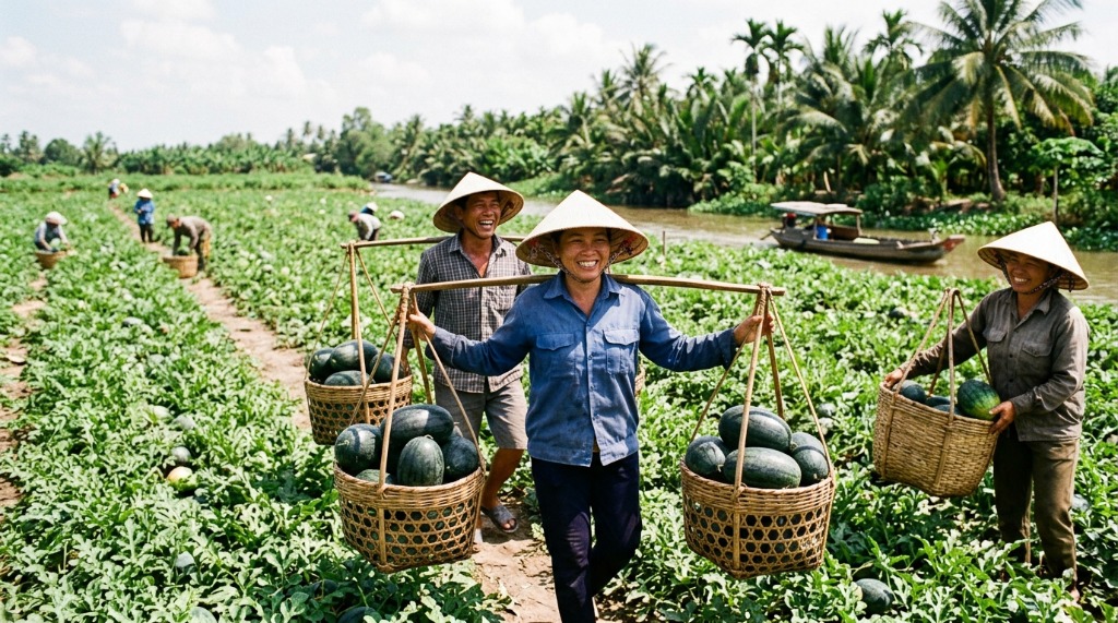 Các đội bốc xếp sẽ đi theo người cắt và bốc xếp dưa hấu trực tiếp cho nhau để chất lên xe tải.