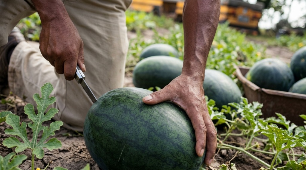 Người hái dưa sẽ tìm kiếm một đốm màu vàng nhạt hoặc vàng bơ ở đáy quả dưa hấu, đó là dấu hiệu cho thấy dưa đã chín.