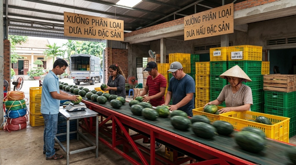 Tại nhà đóng gói, dưa hấu được kiểm tra chất lượng, rửa sạch và phân loại theo kích cỡ.